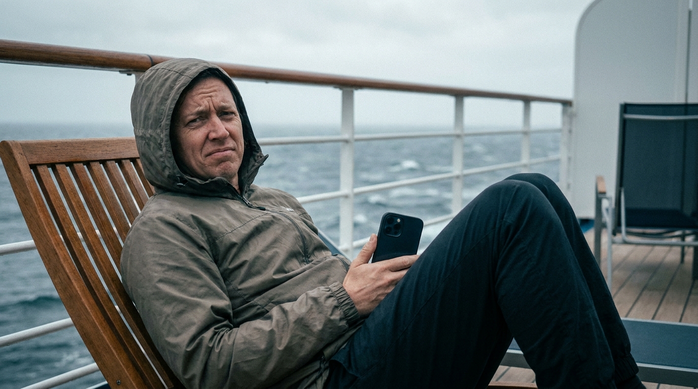 A cruise passenger on a deck lounger scrolling their phone