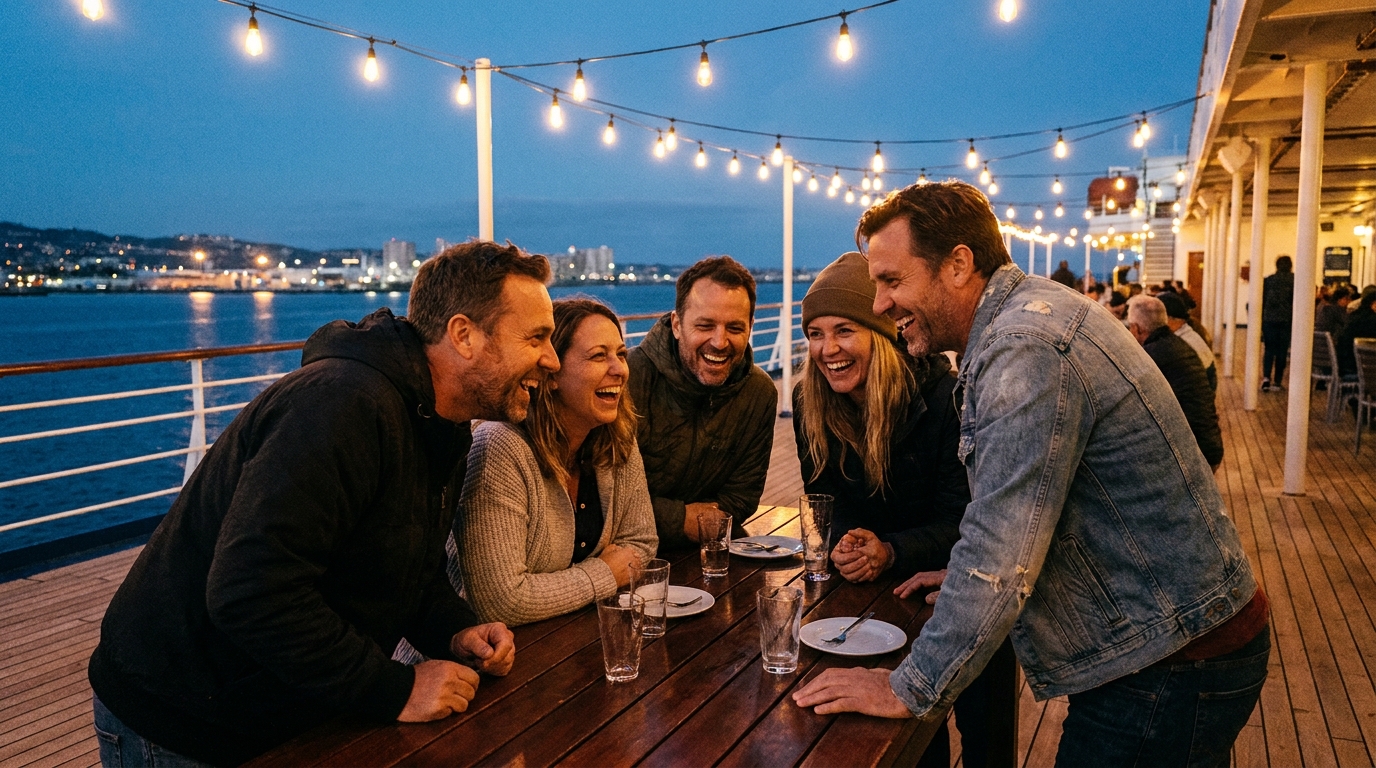 Friends laughing together at a cruise ship bar under string lights at dusk