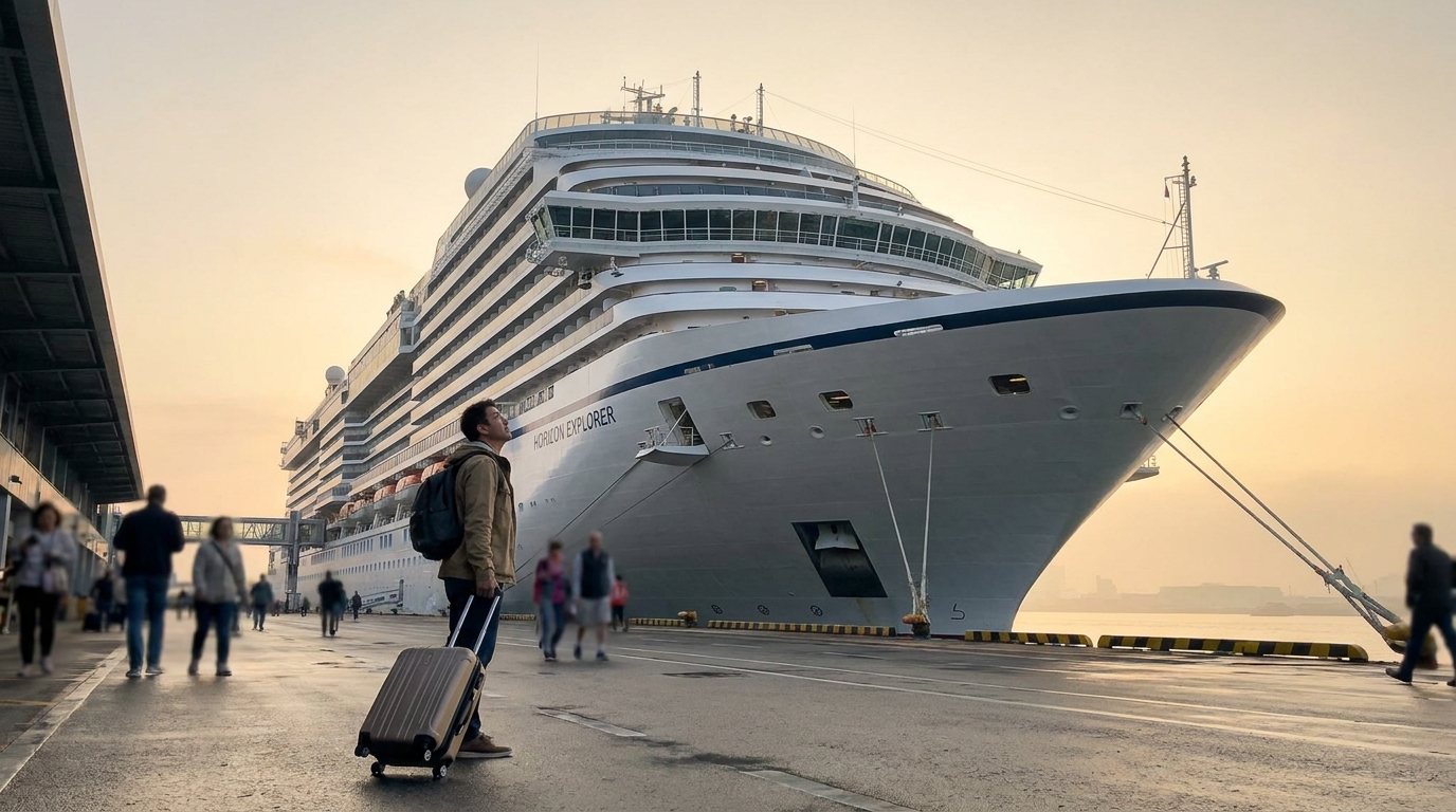 A solo traveler with a suitcase looking up at a cruise ship at the terminal