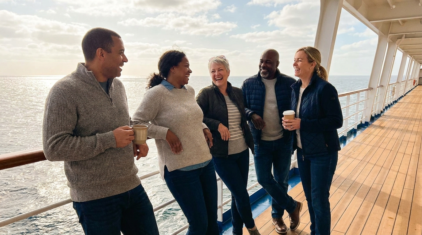 A group of cruise passengers laughing together at the ship's deck rail at sea