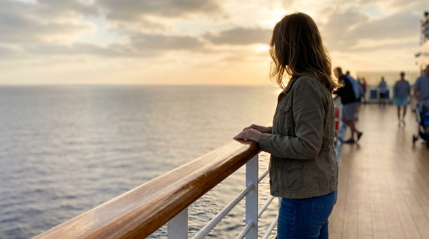A confident solo female cruiser at the ship railing at golden hour